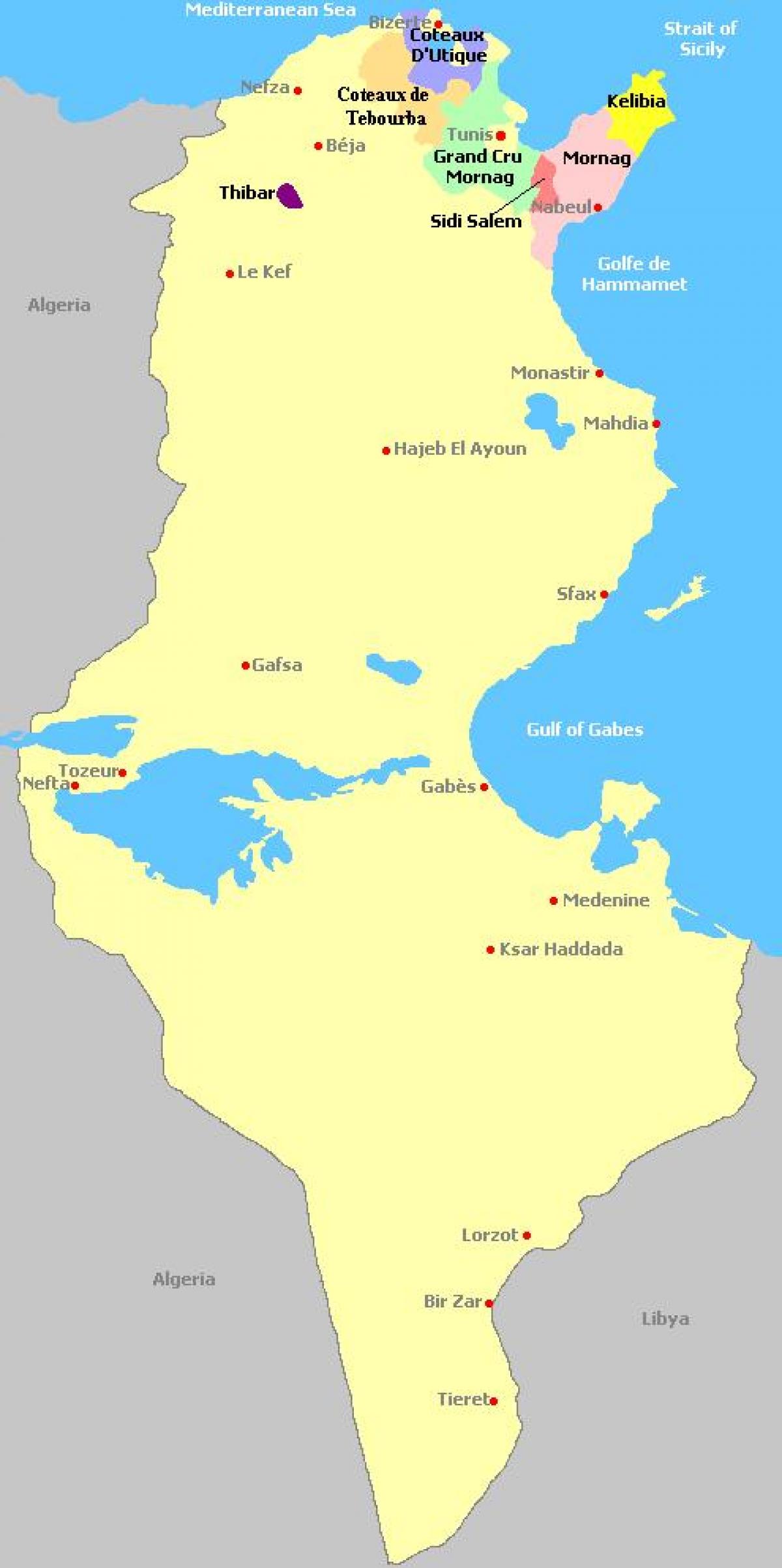 Mappa dei vigneti della Tunisia